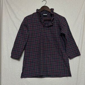 Red, Blue, & Green Plaid Top with 3/4 Sleeves and Ruffle Neck. Size M